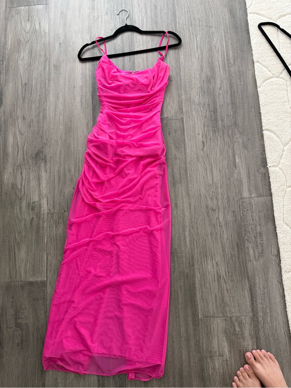 House of CB Hot Pink Ruched Mesh Maxi Dress